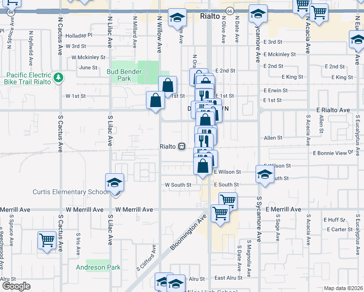 map of restaurants, bars, coffee shops, grocery stores, and more near 286 South Riverside Avenue in Rialto