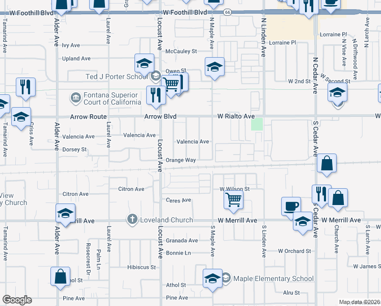 map of restaurants, bars, coffee shops, grocery stores, and more near 8660 Dumond Drive in Fontana