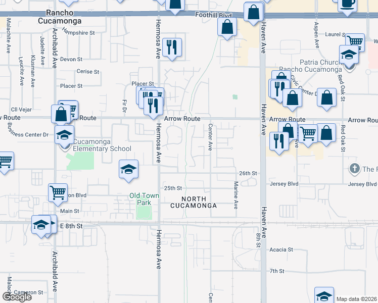 map of restaurants, bars, coffee shops, grocery stores, and more near 8654 Creekside Place in Rancho Cucamonga