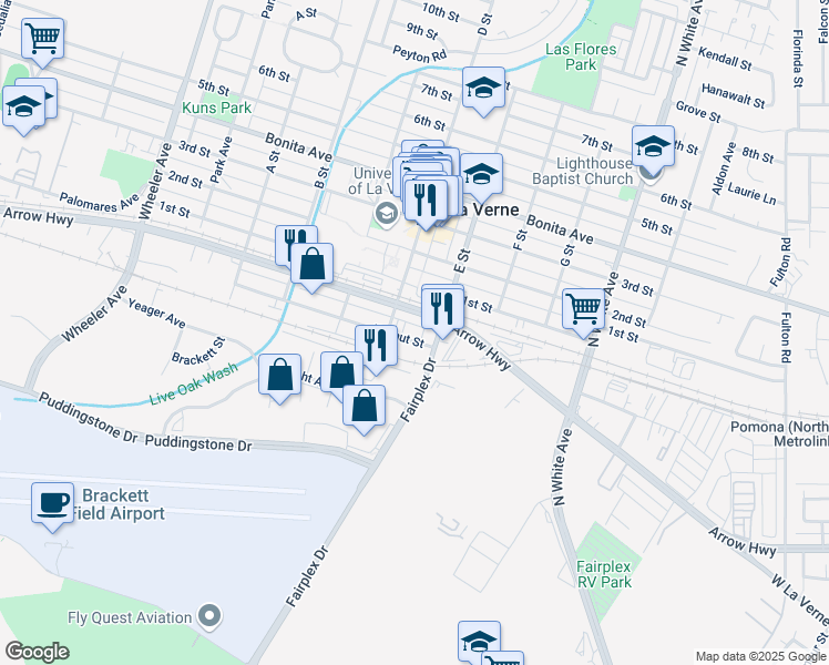 map of restaurants, bars, coffee shops, grocery stores, and more near 2126 Walnut Street in La Verne