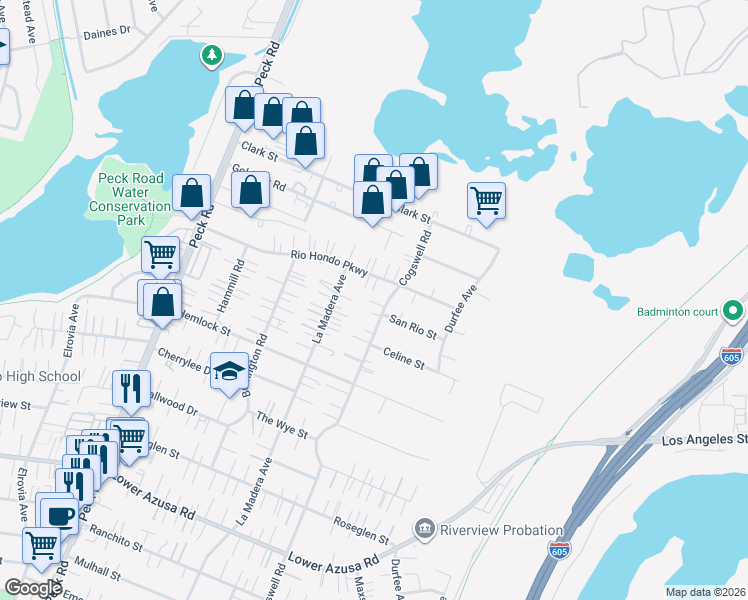 map of restaurants, bars, coffee shops, grocery stores, and more near 5339 Cogswell Road in El Monte