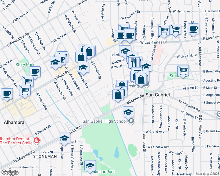 map of restaurants, bars, coffee shops, grocery stores, and more near 343 South Arroyo Drive in San Gabriel