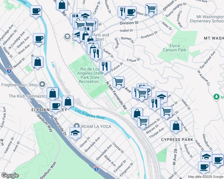 map of restaurants, bars, coffee shops, grocery stores, and more near 1545 North San Fernando Road in Los Angeles