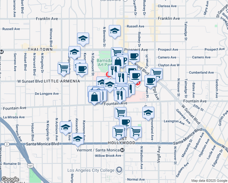 map of restaurants, bars, coffee shops, grocery stores, and more near 1335 North New Hampshire Avenue in Los Angeles