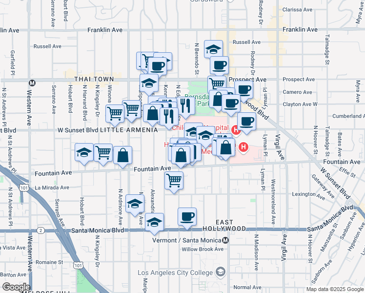 map of restaurants, bars, coffee shops, grocery stores, and more near 1340 North Edgemont Street in Los Angeles