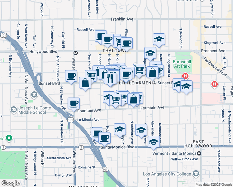 map of restaurants, bars, coffee shops, grocery stores, and more near 1345 North Kingsley Drive in Los Angeles
