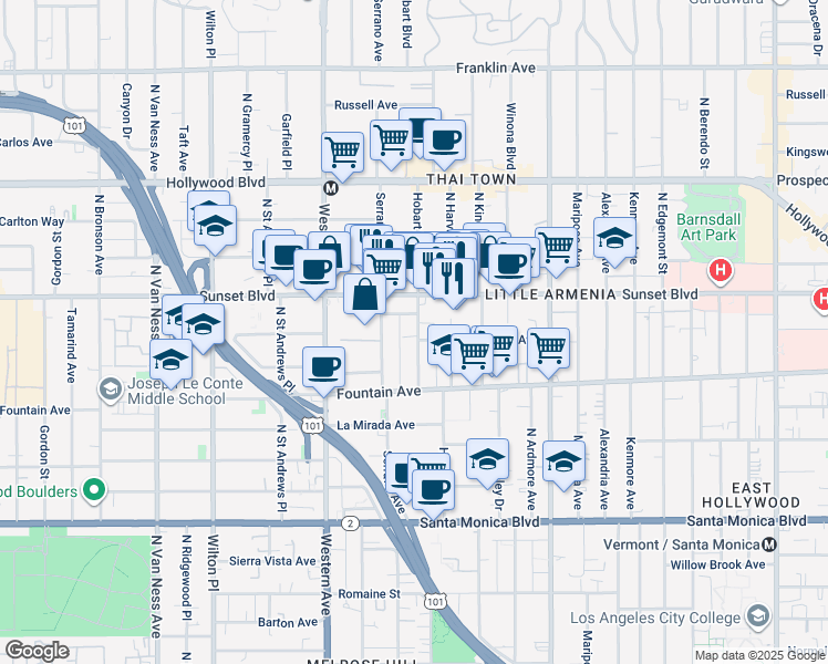 map of restaurants, bars, coffee shops, grocery stores, and more near 1394 North Serrano Avenue in Los Angeles