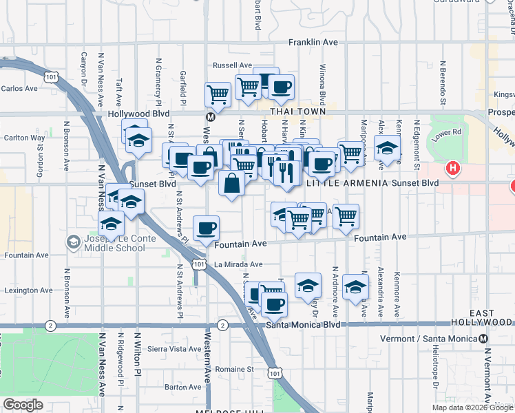 map of restaurants, bars, coffee shops, grocery stores, and more near 1394 North Serrano Avenue in Los Angeles