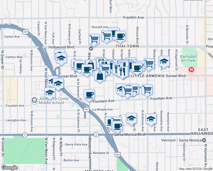 map of restaurants, bars, coffee shops, grocery stores, and more near 1394 North Serrano Avenue in Los Angeles