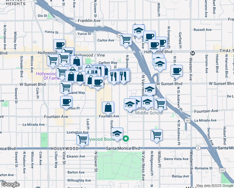 map of restaurants, bars, coffee shops, grocery stores, and more near 1428 Gordon Street in Los Angeles
