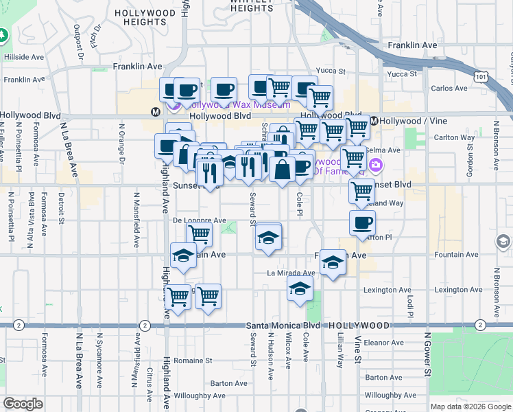 map of restaurants, bars, coffee shops, grocery stores, and more near 1403 Seward Street in Los Angeles