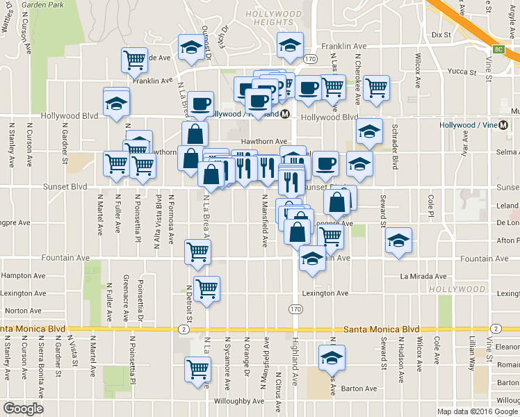 map of restaurants, bars, coffee shops, grocery stores, and more near 1411 North Mansfield Avenue in Los Angeles