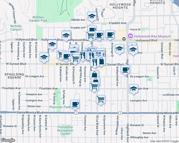 map of restaurants, bars, coffee shops, grocery stores, and more near 1411 North Detroit Street in Los Angeles