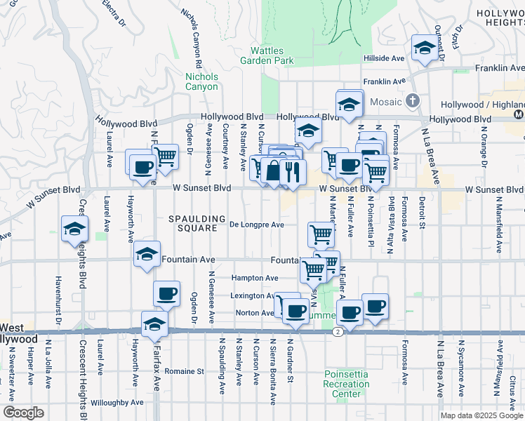 map of restaurants, bars, coffee shops, grocery stores, and more near 1411 North Sierra Bonita Avenue in Los Angeles