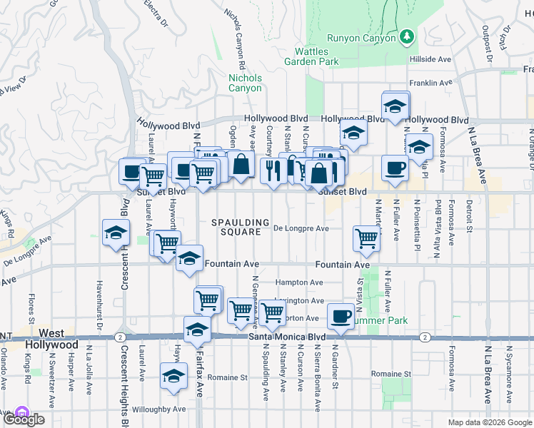 map of restaurants, bars, coffee shops, grocery stores, and more near 1409 North Spaulding Avenue in Los Angeles