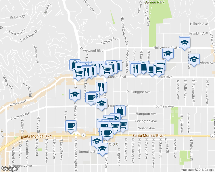 map of restaurants, bars, coffee shops, grocery stores, and more near 1407 North Orange Grove Avenue in West Hollywood