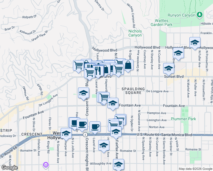 map of restaurants, bars, coffee shops, grocery stores, and more near 1419 North Hayworth Avenue in West Hollywood