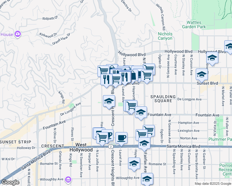 map of restaurants, bars, coffee shops, grocery stores, and more near 1401 North Laurel Avenue in West Hollywood
