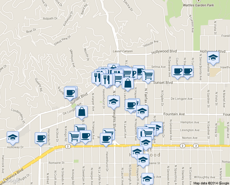 map of restaurants, bars, coffee shops, grocery stores, and more near 1424 North Crescent Heights Boulevard in West Hollywood