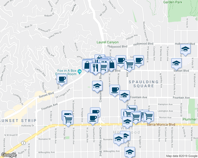 map of restaurants, bars, coffee shops, grocery stores, and more near 1401 North Crescent Heights Boulevard in West Hollywood