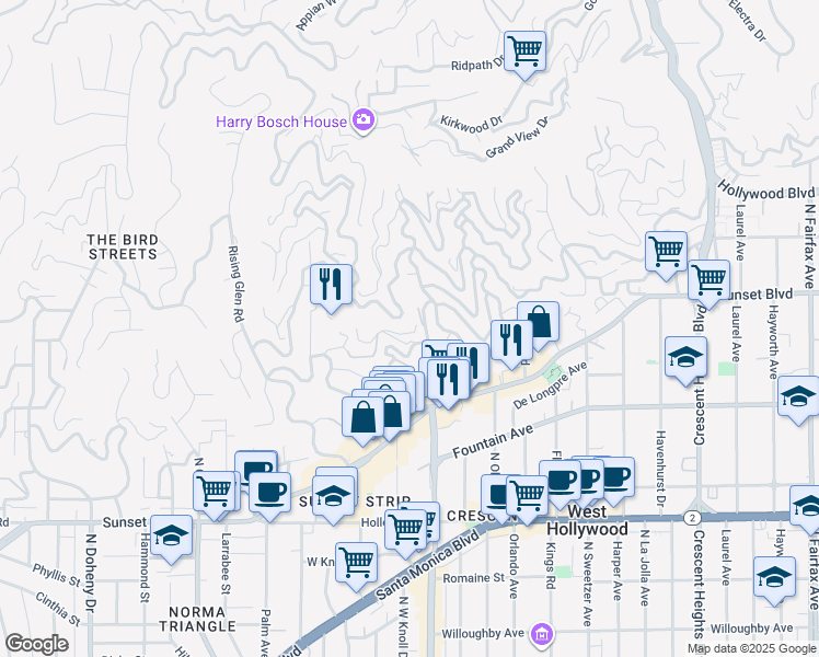 map of restaurants, bars, coffee shops, grocery stores, and more near 1400 Miller Drive in Los Angeles