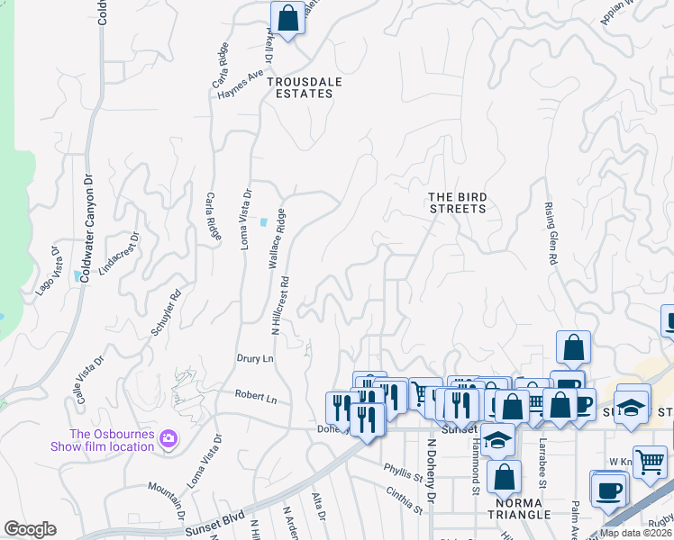 map of restaurants, bars, coffee shops, grocery stores, and more near 9410 Flicker Way in Los Angeles