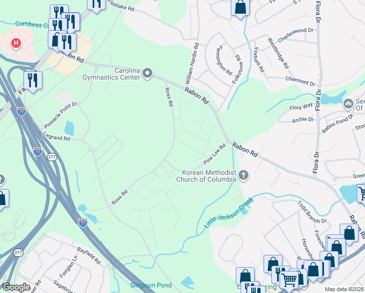 map of restaurants, bars, coffee shops, grocery stores, and more near 220 Pine Lee Road in Columbia