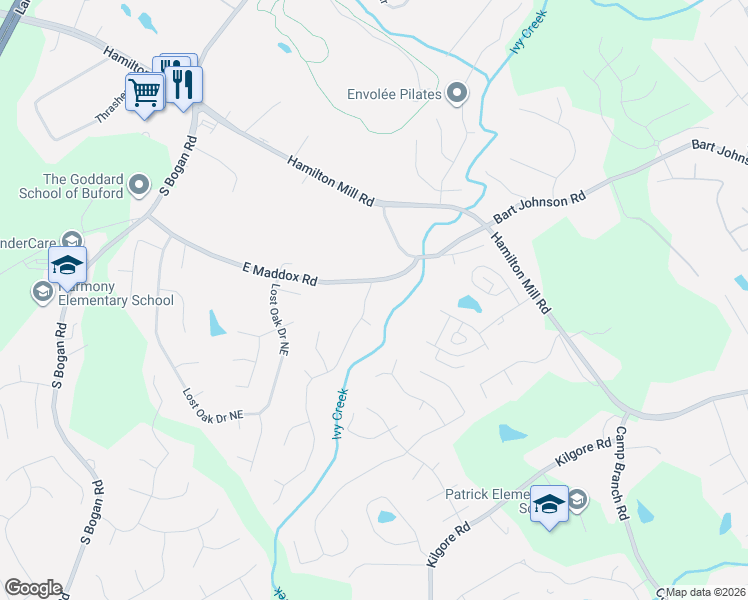 map of restaurants, bars, coffee shops, grocery stores, and more near 3785 Rolling Creek Drive Northeast in Buford
