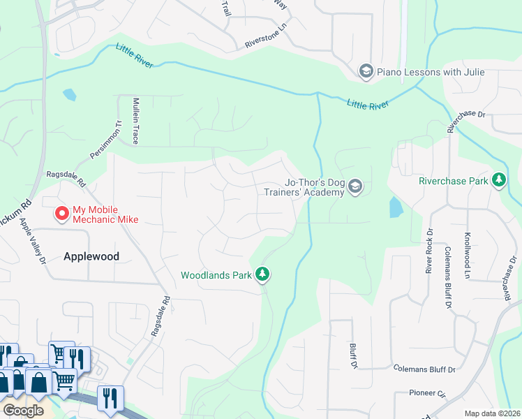 map of restaurants, bars, coffee shops, grocery stores, and more near 519 Papillion Trace in Woodstock