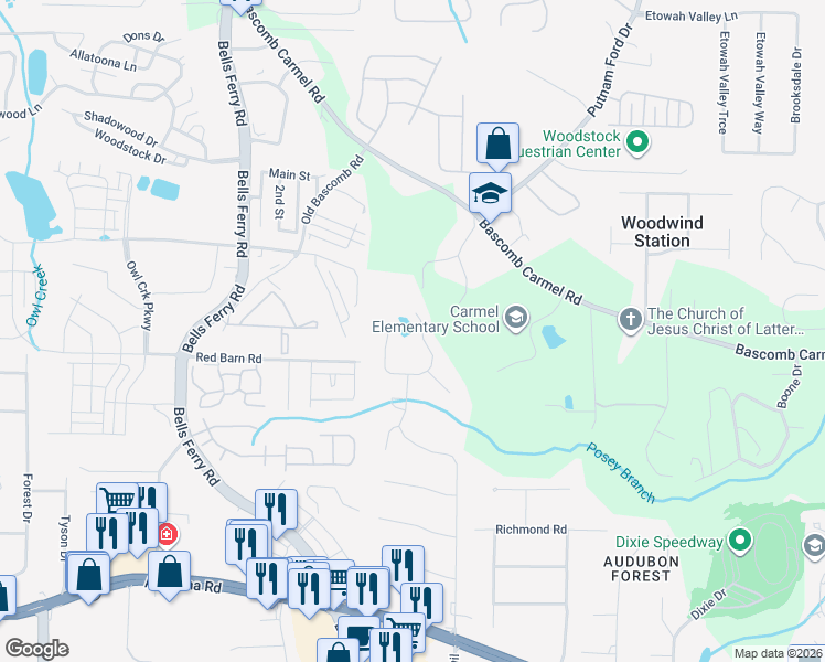 map of restaurants, bars, coffee shops, grocery stores, and more near 637 Glendale Forest Drive in Woodstock