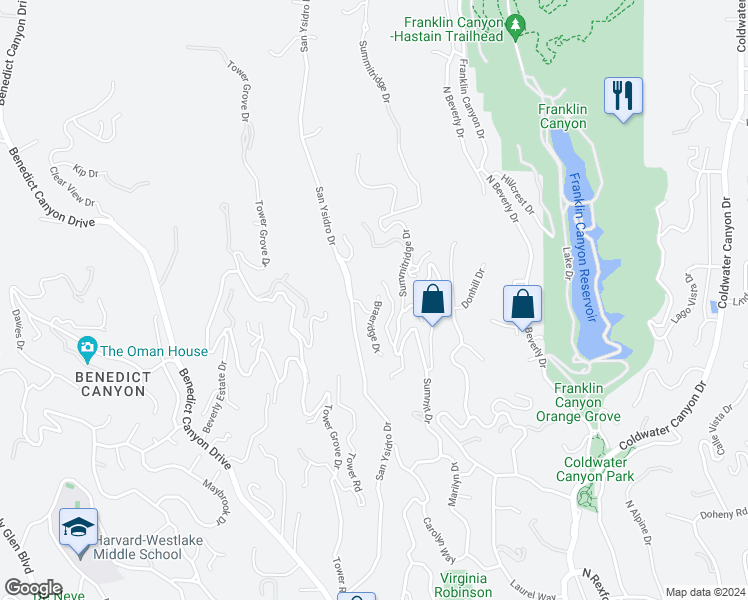 map of restaurants, bars, coffee shops, grocery stores, and more near 1415 Braeridge Drive in Beverly Hills