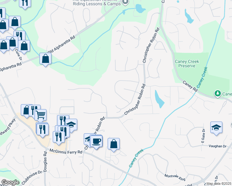 map of restaurants, bars, coffee shops, grocery stores, and more near 485 White Rose Trce in Alpharetta