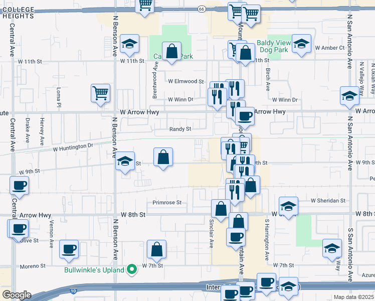 map of restaurants, bars, coffee shops, grocery stores, and more near 1369 W 9th St in Upland