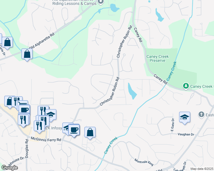 map of restaurants, bars, coffee shops, grocery stores, and more near 1195 Rosewood Drive in Alpharetta