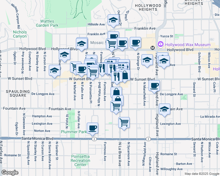 map of restaurants, bars, coffee shops, grocery stores, and more near 1425 North Detroit Street in Los Angeles
