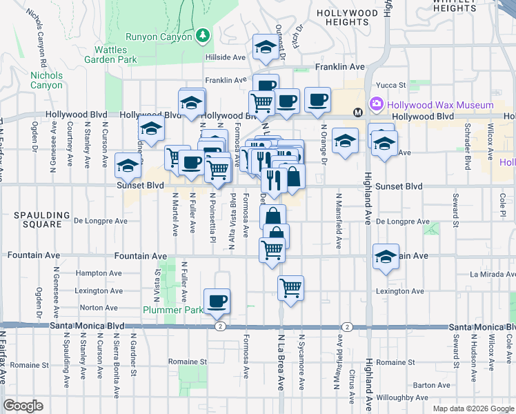 map of restaurants, bars, coffee shops, grocery stores, and more near 1425 North Detroit Street in Los Angeles