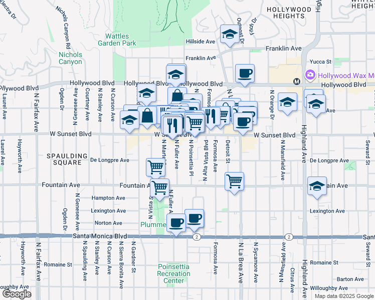 map of restaurants, bars, coffee shops, grocery stores, and more near 1437 North Poinsettia Place in Los Angeles