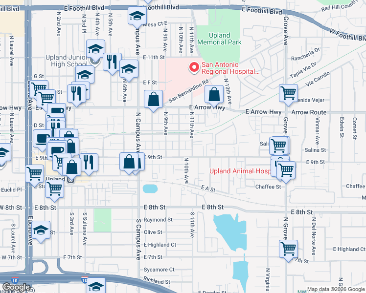 map of restaurants, bars, coffee shops, grocery stores, and more near 266 North 10th Avenue in Upland