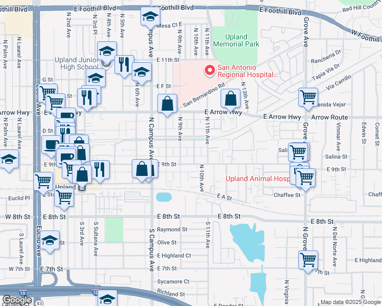 map of restaurants, bars, coffee shops, grocery stores, and more near 265 North 10th Avenue in Upland