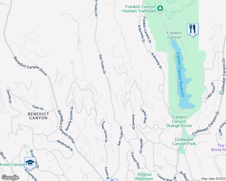 map of restaurants, bars, coffee shops, grocery stores, and more near 9743 Elderidge Drive in Beverly Hills