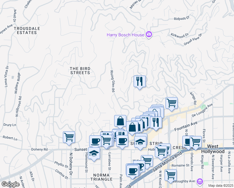 map of restaurants, bars, coffee shops, grocery stores, and more near 1424 Rising Glen Road in Los Angeles