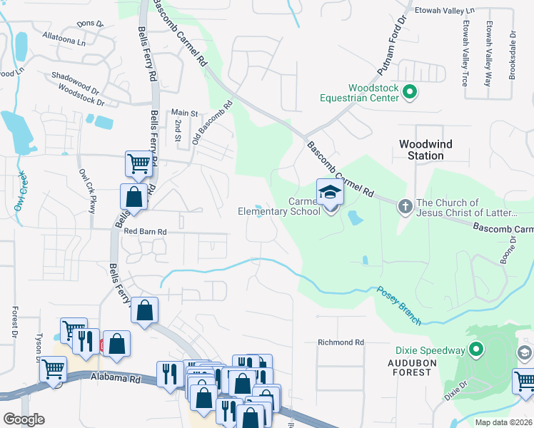 map of restaurants, bars, coffee shops, grocery stores, and more near 637 Glendale Forest Drive in Woodstock