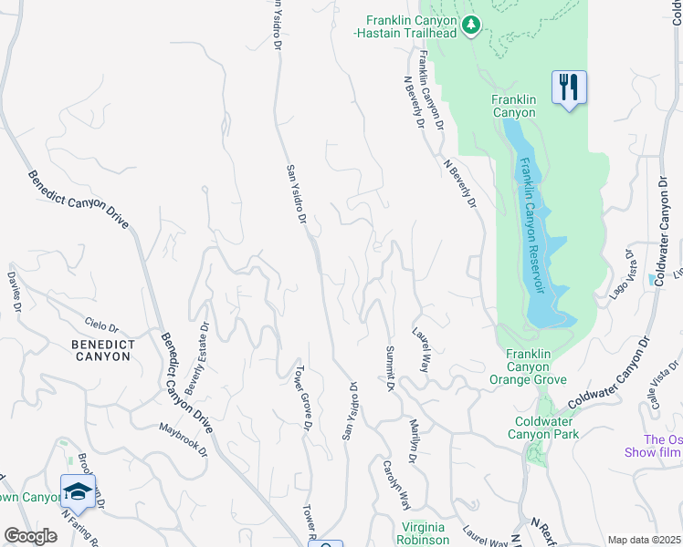 map of restaurants, bars, coffee shops, grocery stores, and more near 1415 Braeridge Drive in Beverly Hills