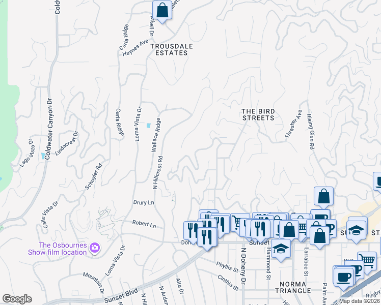 map of restaurants, bars, coffee shops, grocery stores, and more near 9405 Sierra Mar Place in Los Angeles