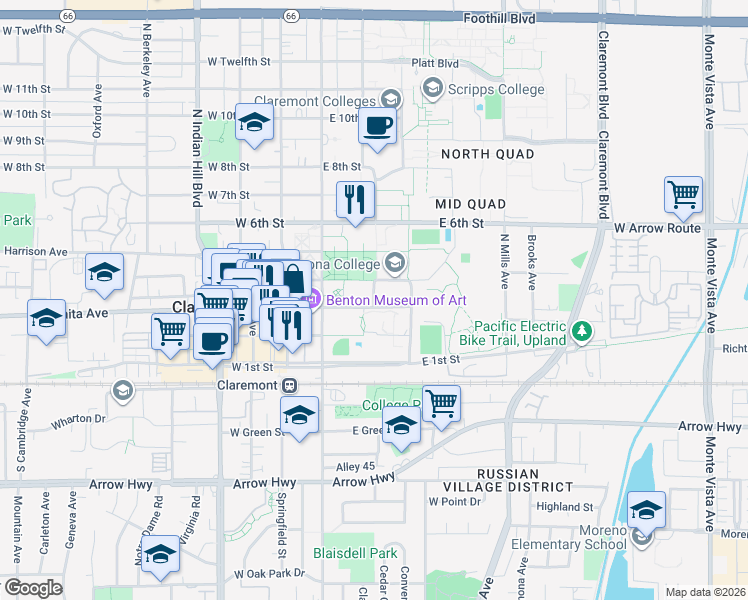 map of restaurants, bars, coffee shops, grocery stores, and more near 800 North Dartmouth Avenue in Claremont