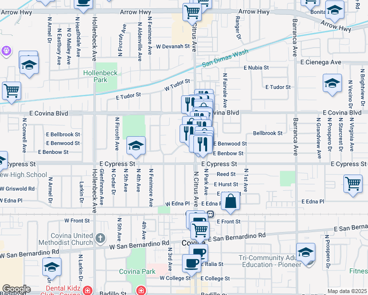 map of restaurants, bars, coffee shops, grocery stores, and more near 18414 East Benbow Street in Covina