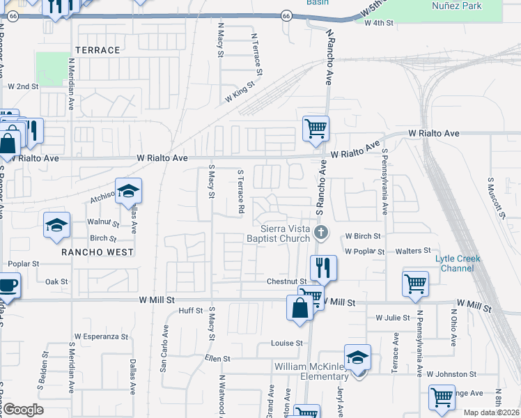 map of restaurants, bars, coffee shops, grocery stores, and more near 222 South Rancho Avenue in San Bernardino