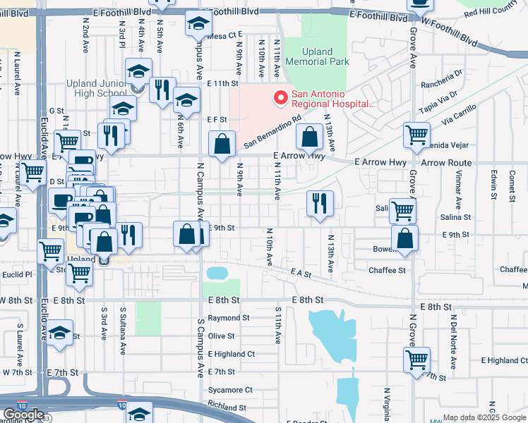 map of restaurants, bars, coffee shops, grocery stores, and more near 266 North 10th Avenue in Upland