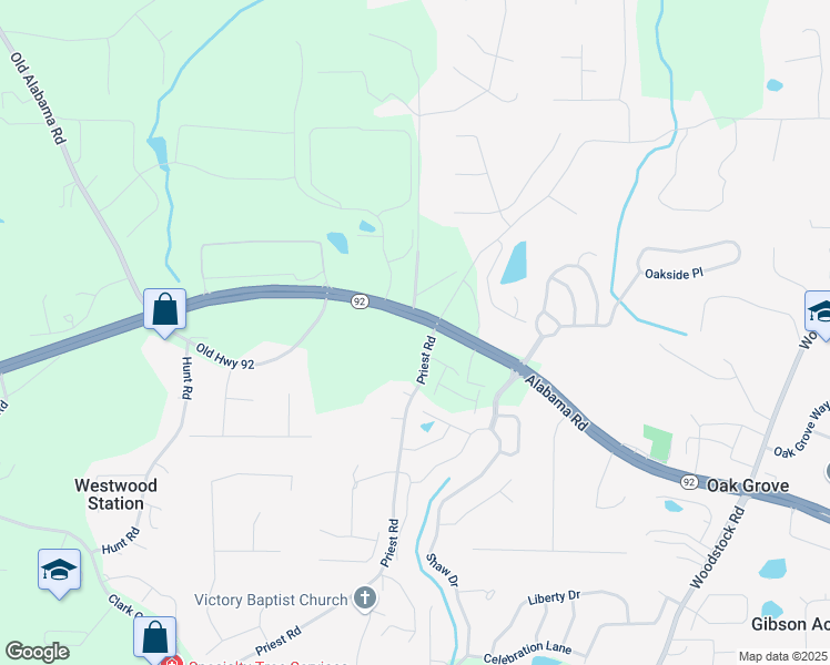 map of restaurants, bars, coffee shops, grocery stores, and more near 6009 Priest Road in Acworth