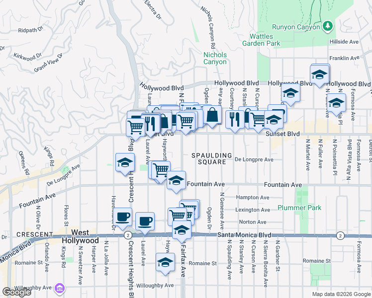 map of restaurants, bars, coffee shops, grocery stores, and more near 1422 North Fairfax Avenue in West Hollywood